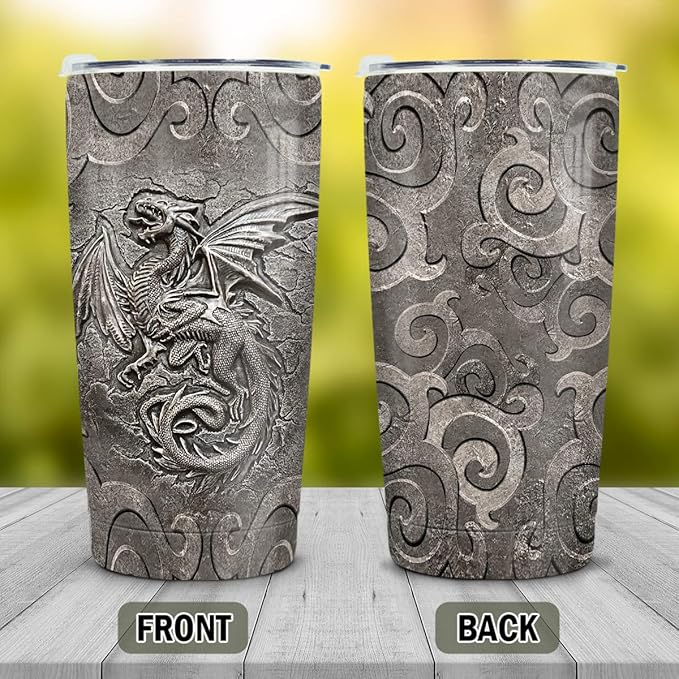 winorax Dragon Tumbler Metal Style Fossil Dragon Lover Viking Celtic Tumblers Stainless Steel 20oz Insulated Travel Coffee Mug Gifts for Men Women Birthday Christmas Presents