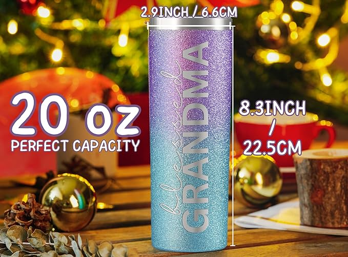 Onebttl Christian Grandma Gifts for Mother's Day, 20oz Purple & Blue Glitter Skinny Tumbler, Straw & Lid Included, Blessed Grandma Gifts
