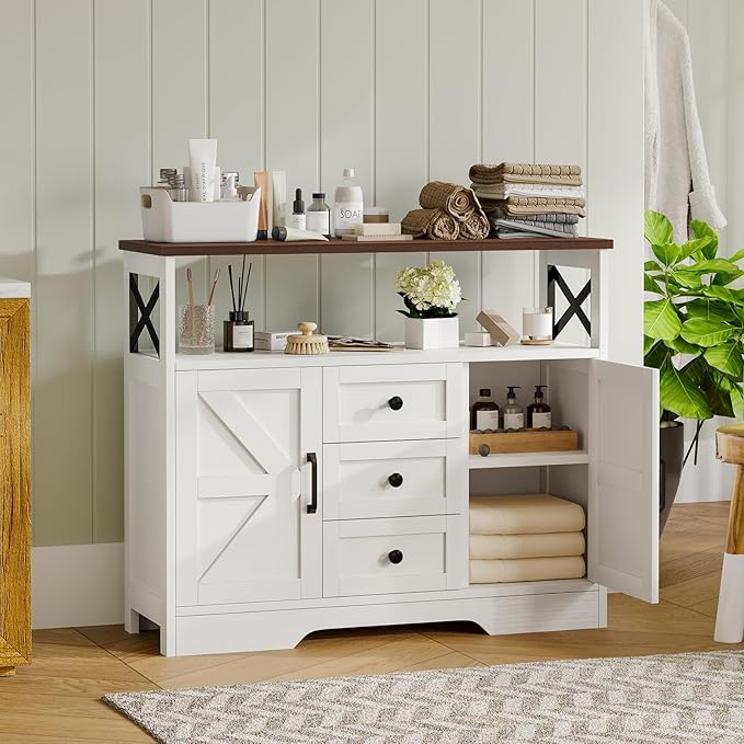 YGEOMER Buffet Cabinet Sideboard Farmhouse Coffee Bar with 3 Drawers and 2 Doors, Wood Kitchen Table Wine Bar Storage Cabinet for Dining Room