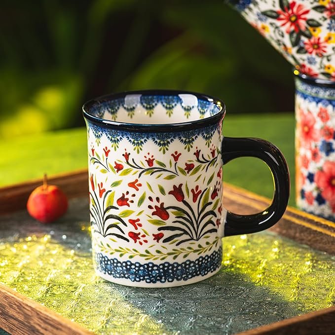 Ceramic Latte Mug Set of 4, 15.5oz Hand Painted Porcelain Coffee Cups With Big Handle - Modern,Retro Design For Any Kitchen. Microwave and Dishwasher Safe (The tulip)