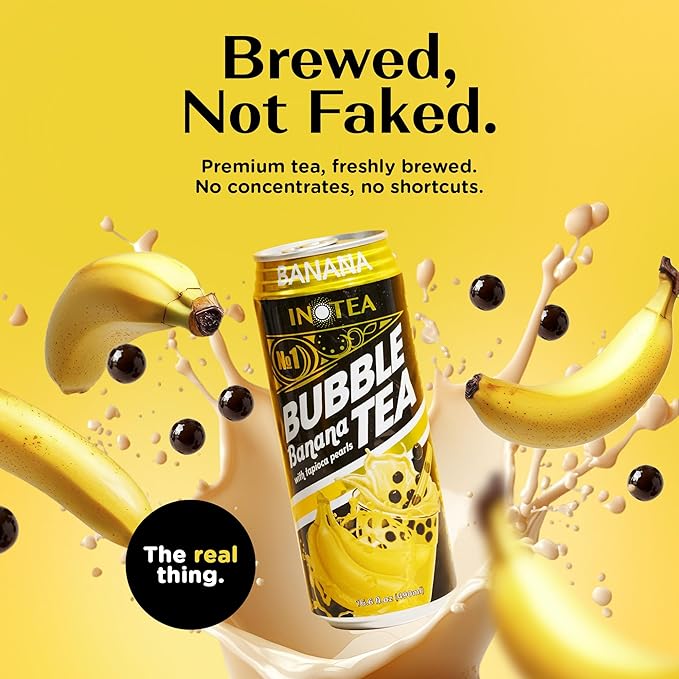 Inotea Bubble Tea with Tapioca Pearls - Delicious, Instant Boba Tea - Ready-to-Drink Black Milk Tea - Comes in Large 16.6 oz Cans - Enjoy Real Boba Without the Long Lines - Banana - 12 pack