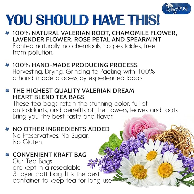 TOG999, Premium Valerian Dream Tea Bags | 60 Count | Herbal Blend with Valerian Root, Chamomile, Lavender, Rose Petal & Spearmint | Naturally Caffeine-Free, Relaxing Evening Tea. Vegan.