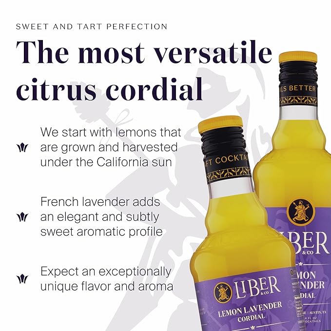 Liber & Co. Lemon Lavender Cordial (25.4 Fl Oz) - Craft Cocktail Mixer with 63% Cold-Pressed California Lemons & French Lavender - Perfect for Margaritas, French 75s & Floral Cocktails