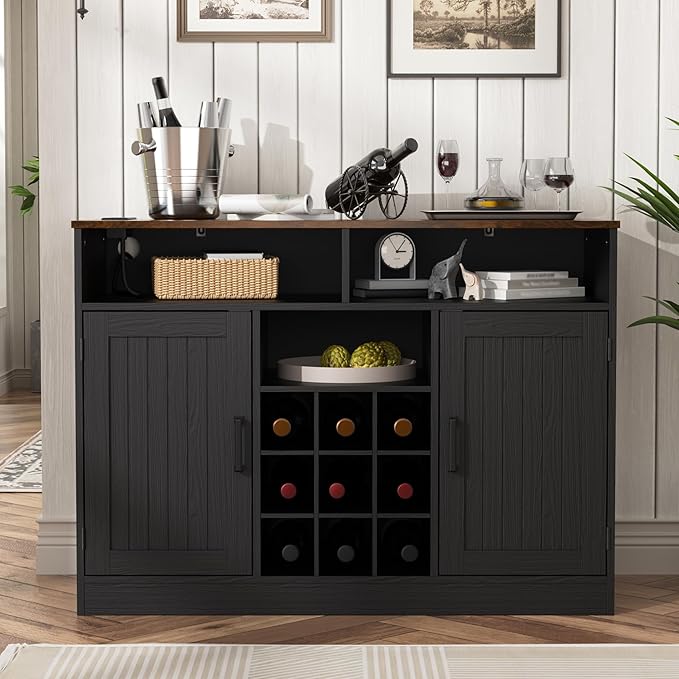 MHOM Farmhouse Buffet Cabinet with Prower Outlets, Rustic Sideboard Buffet with Wine Rack, Wooden Buffet Table for Dining Room, Antique Black