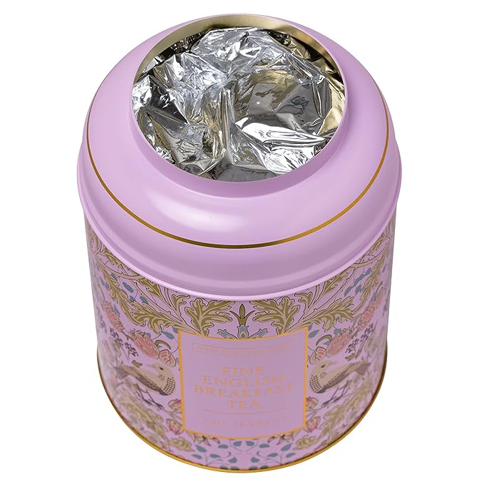 New English Teas Song Thrush & Berries Tea Caddy in Pink with 240 English Breakfast Teabags