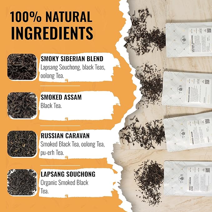 Tea Runners Smoked Tea Variety Pack - Lapsang Souchong, Russian Caravan, Smoked Assam, Smoky Siberian Blend | Loose Leaf Black Teas | High Caffeine, Organic & Premium Quality | 0.75 Oz each Pack of 4