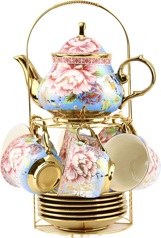20 Pieces Porcelain Tea Set With Metal Holder, European Ceramic tea set for adults,Flower Tea Set,Tea Set For Women With Flower Painting(Large version, Light Blue))