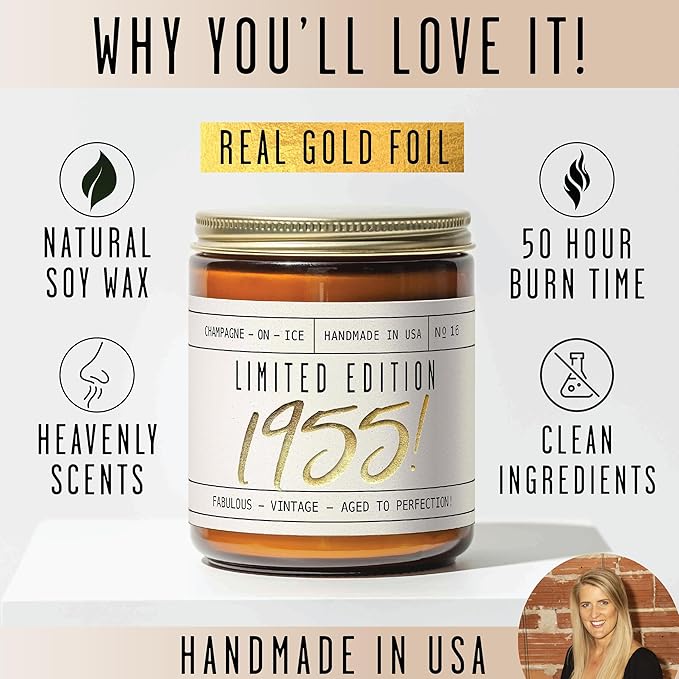 70th Birthday Gifts for Women - 'Limited Edition 1955' Soy Candle, w/Champagne on Ice I Best Gifts for 70 Year Old Woman I 1955 Birthday Gifts for Women I 9oz Reusable Jar, 50Hr Burn, Made in USA