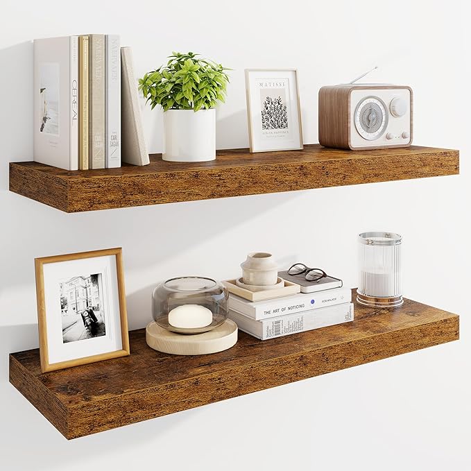 Marsmiles 30" Floating Shelves for Wall, Wooden Shelves with Invisible Brackets Set of 2, Rustic Farmhouse Wall Mounted Shelf for Kitchen Bathroom Living Room Study, Rustic Brown