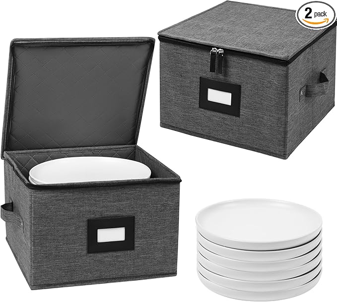 Mayniu China Storage Containers Hard Shell, 13" Charger Plates Storage Containers for Dishes, Stackable Dinnerware Storage with 24 Felt Dividers (2 Pack Black)