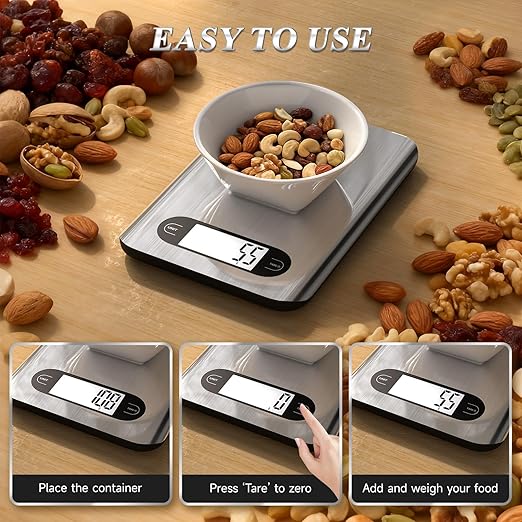 Qzzhizhao Digital Kitchen Scale, 17 Pounds Capacity Food Scale with LCD Display, Weight Grams and Ounces for Cooking and Baking, Stainless Steel Platform, Anti-Splash