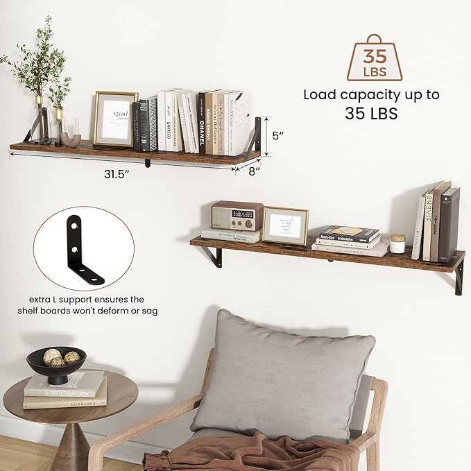 Axeman Floating Shelves for Wall 32 Inch | 31.5W x 8D Rustic Wood Floating Shelves Set of 2 | 8 Inch Deep Wall Shelves for Bathroom Kitchen Living Room | Bookshelf Display Shelves