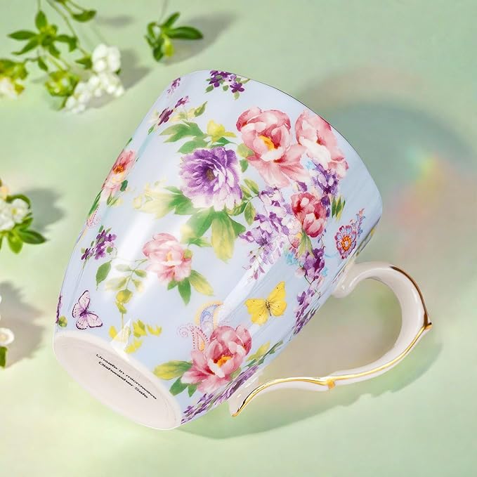 13oz Bone China Floral Mug with Gold Bone China Coffee Mugs Bone Teacup Christmas Mugs Birthday Gifts for Women Mom Friends Coworker