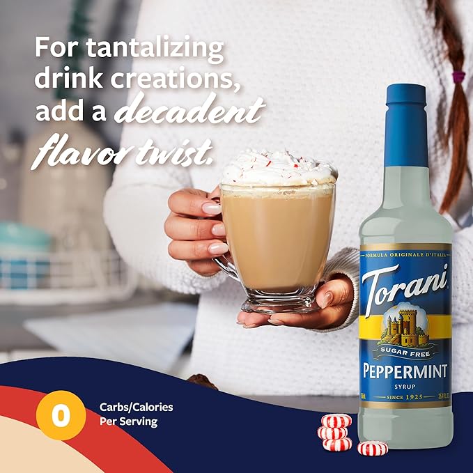 Torani Sugar Free Peppermint Coffee Syrup, Flavored Syrup for Drinks, Zero Calorie, Pump Included, 25.4 Fl Oz