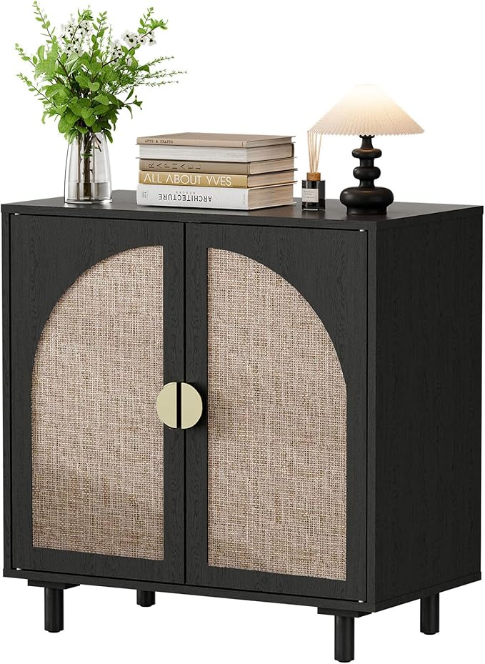 Small Buffet Cabinet, Modern Sideboard with Rattan Decorated Doors, Magnetic Latch, Adjustable Shelf, 29.8x15.7x31.5 inches, Black