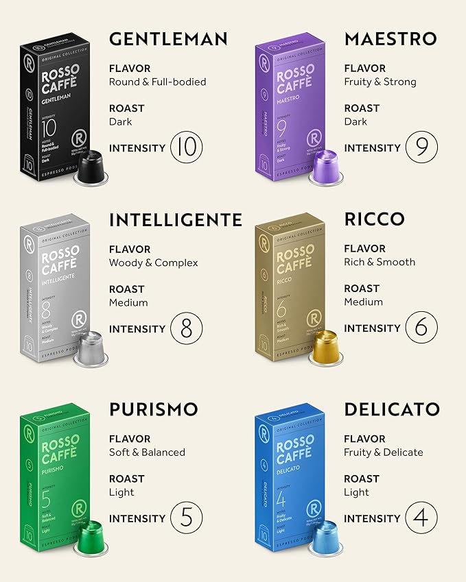 ROSSO CAFFÈ 120 Espresso Coffee Pods for Nespresso Original Machines, Premium Capsules, Variety Value Pack 6 Flavors, Rich Breakfast to Intense Roasts
