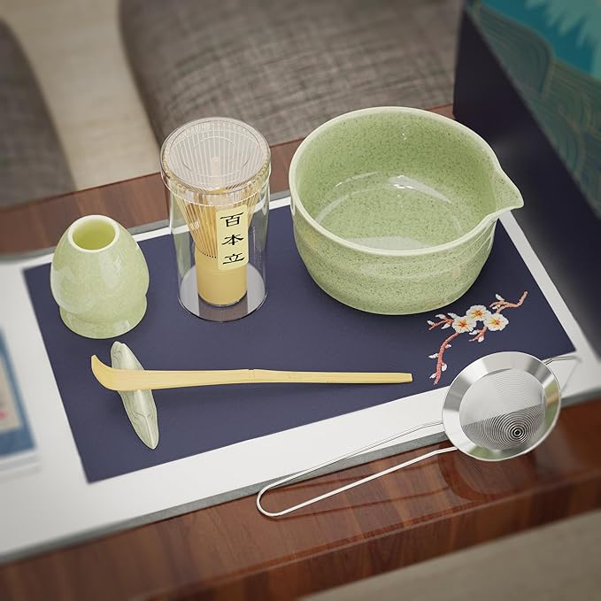 8-Piece Matcha Whisk Set with Ceramic Bowl & Bamboo Tools, Complete Japanese Matcha Tea Ceremony Kit, Green Speckled Chawan with Spout, Matcha Starter Set for Home Rituals & Gifts
