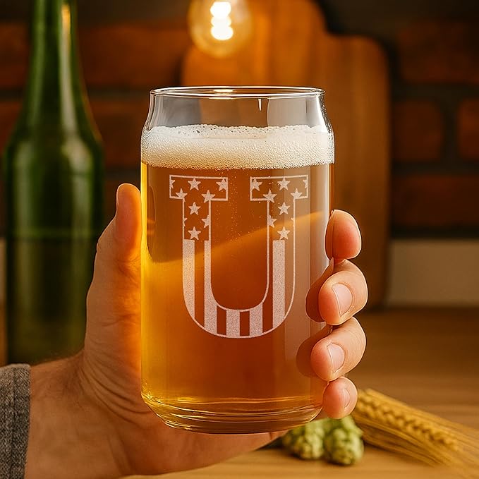 Monogram Beer Glasses for Men (A-Z) 16 oz - Beer Gifts for Men Brother Son Dad Neighbor - Unique Gifts for Him - Personalized Drinking Gift Beer Glass Mugs - Engraved Beer Can Glass (U)