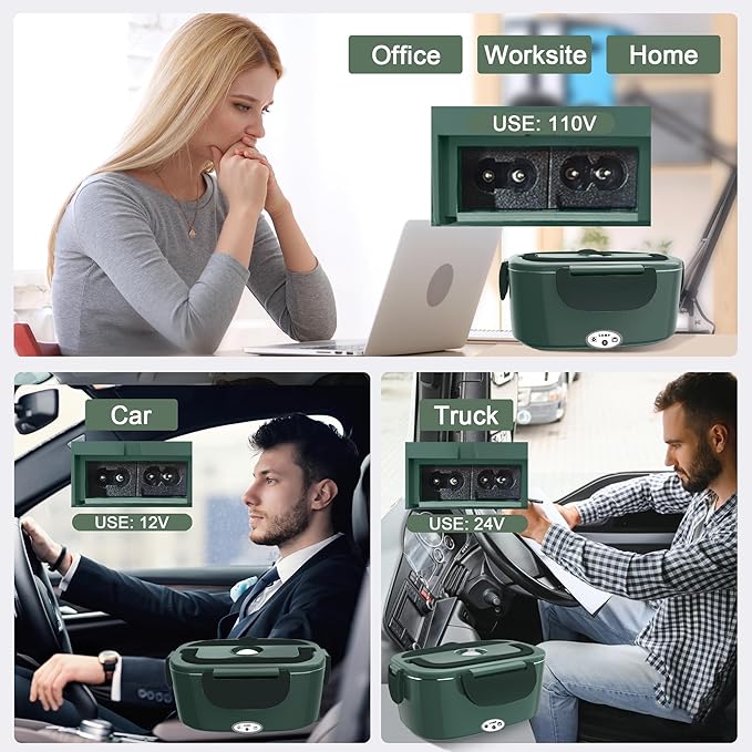 Electric Heated Lunch Boxes Adults: 80W Electric Lunch Box Food Heated 12/24/110V 1.5L Heatable Lunch Box for Car/Truck/Office Leak-Proof Stainless Steel Container,Fork & Spoon,Bag (Dark Green)