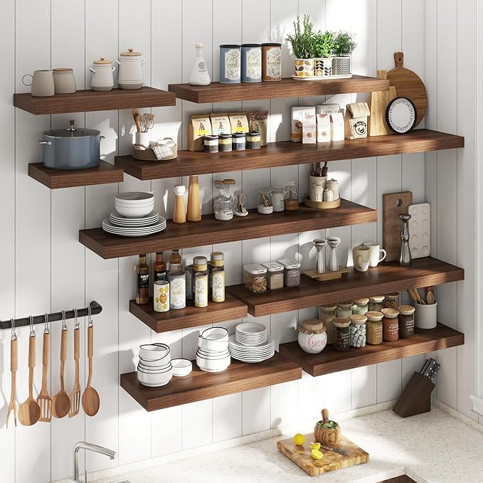 36 Inch Floating Shelves for Wall Set of 2, 12"D Wood Grain Bathroom Shelves with Invisible Brackets, Easy Install Engineered Wood Storage Shelves for Kitchen, Living Room, Bedroom, Walnut Finish