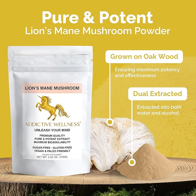 Addictive Wellness Lions Mane Supplement Powder, Premium Quality Lions Mane Mushroom Powder Dual-Extract Nootropic, Sugar Free, Vegan & Paleo Lion's Mane Mushroom Supplement - 1500 mg (100 Grams)