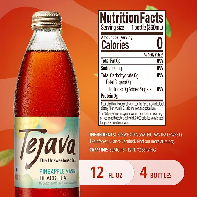 Tejava Pineapple Mango Black Iced Tea, 4 Pack, 12oz Glass Bottles, Unsweetened, Non-GMO, Kosher, No Sugar or Sweeteners, No calories, No Preservatives, Brewed in Small Batches