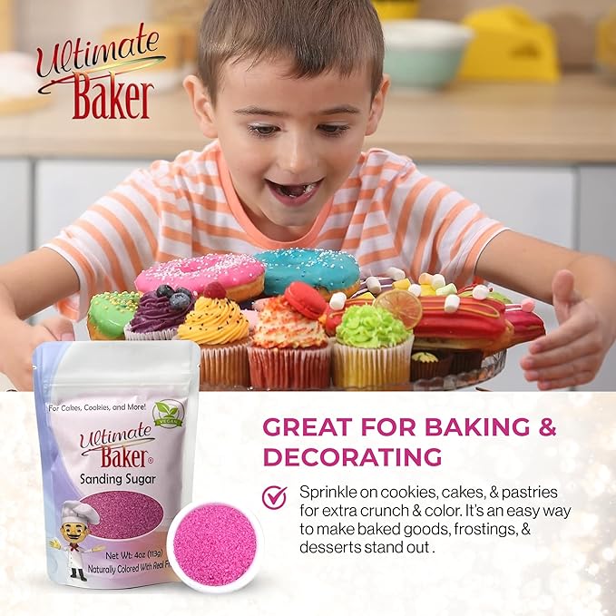 Ultimate Baker - Sanding Sugar, Pink - Vibrant, Naturally Colored Baking & Decorating Sugar, Perfect for Sprinkling on Cakes, Desserts & Confections, Medium Crystal - 4oz