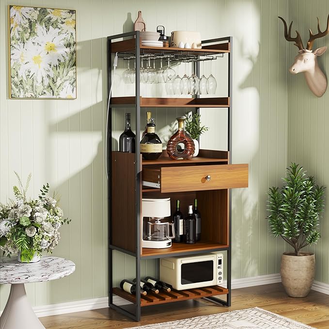 Wine Bar Cabinet with LED Lights, Industrial 67" Tall Coffee Bar with Glass Rack, Liquor Cabinet Wine Rack Storage Metal Wood Sideboard Buffet for Home Dining Living Room, Brown
