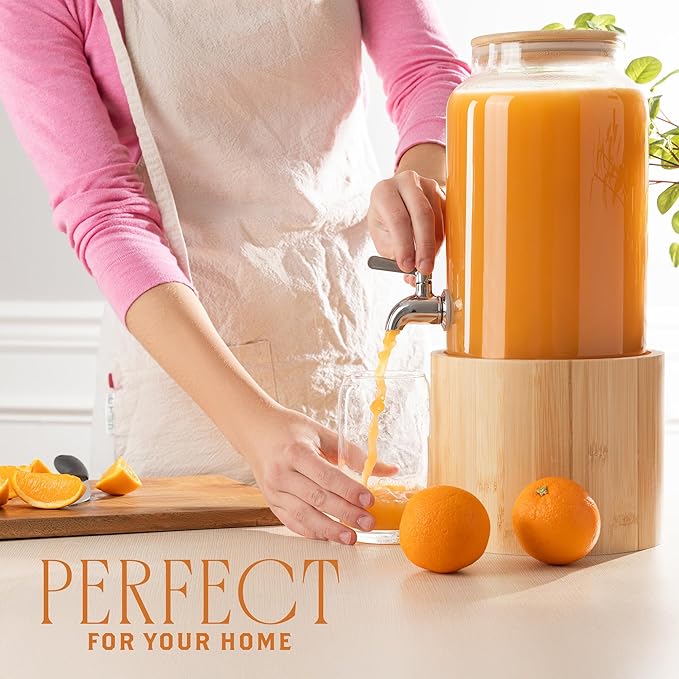 Kitchentoolz 1 Gallon Glass Drink Dispenser for Parties on Bamboo Stand - Premium Borosilicate Beverage Jar with Stainless Steel Spigot - Lemonade, Water, Sun Tea, Kombucha for Spa