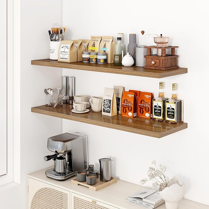 Dreamland 48" Floating Shelves for Wall, 12" Deep Slim Walnut Floating Shelves, Wall-Mounted Shelves for Bedroom, Living Room, Kitchen, Bathroom - Set of 2