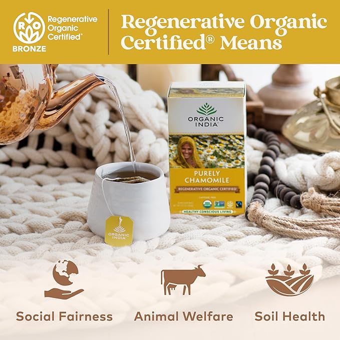 Organic India Purely Chamomile Tea - Regenerative Organic Pure Chamomile Flowers, Caffeine Free, Calming & Relaxing Herbal Tea, Natural Support for Sleep & Relaxation - 18 Tea Bags, Pack of 6