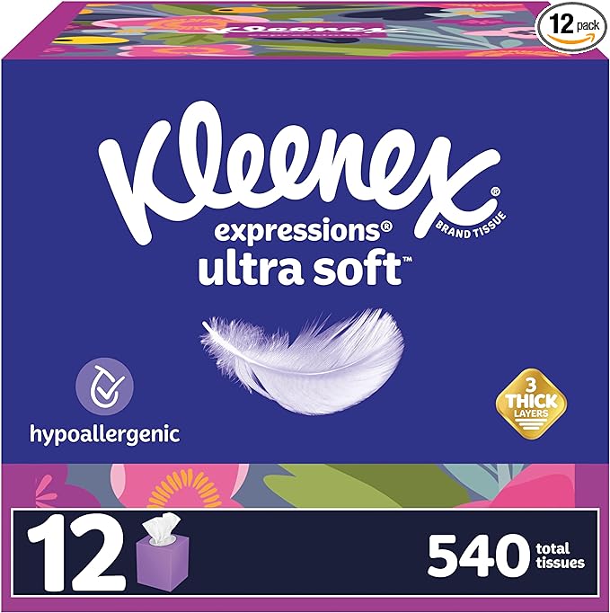 Kleenex Expressions Ultra Soft Facial Tissues, 12 Cube Boxes, 45 Tissues per Box, 3-Ply (540 Total Tissues), Packaging May Vary