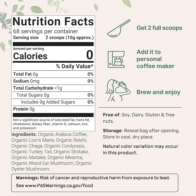 Micro Ingredients Organic 10 in 1 Ground Mushroom Coffee, 24 Ounce | Premium Arabica Coffee with Lion's Mane, Chaga, Reishi, & More | Smooth Medium Roast, Clean Energy, & Immune Support