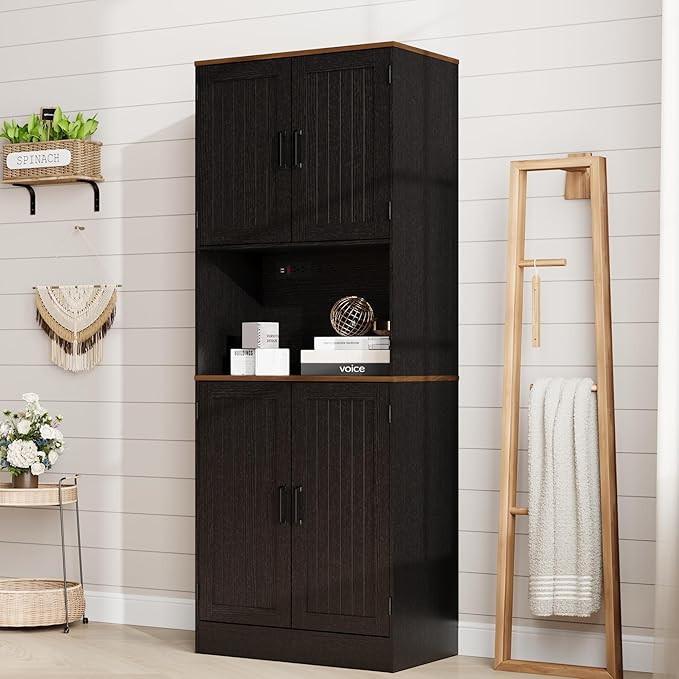 MHOM 71" Tall Pantry Cabinet with Charging Station, Farmhouse Kitchen Hutch with Adjustable Shelves, Modern Kitchen Pantry Storage Cabinet for Dinning Room & Living Room, Antique Black