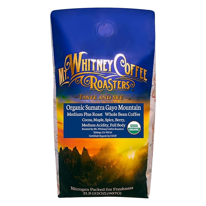 Mt. Whitney Organic Gayo Mountain Sumatra, Medium Dark Roast, Low Acid Coffee (Whole Bean, 2 Lb)