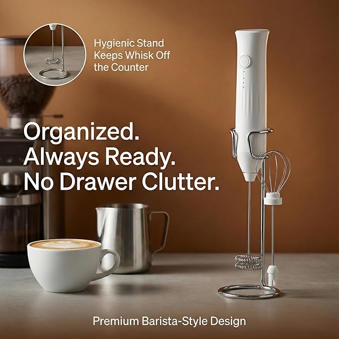 Milk Frother for Coffee, Rechargeable Electric Handheld Frother Wand with Dual Whisk, 3 Speed Settings, Fast Recharge, Powerful Motor, Handheld Mixer Electric with Stand