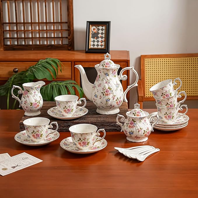 Tea Set 21-Piece Ceramic tea cups and saucers set of 6 with Sugar and Creamer Set,Teapot,teapot set for Adults, Women Tea Party (small crushed flower)