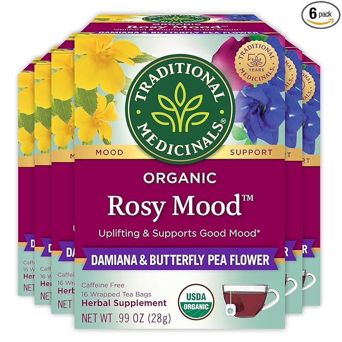 Traditional Medicinals Organic, Rosy Mood, Damiana & Butterfly Pea Flower - Uplifting Mood Support - Kosher, Non-GMO, Caffeine-Free, Compostable - 96 Tea Bags (6 Packs of 16)