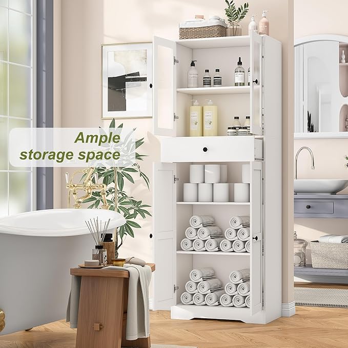 Tall Bathroom Storage Cabinet with Glass Doors, 67" Tall Freestanding Linen Cabinet with Adjustable Shelves, Floor Standing Organizer for Bathroom, Living Room, Kitchen, (White)