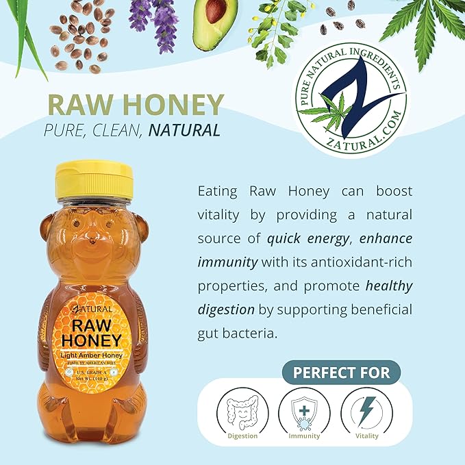 Zatural 100% Pure Natural Honey | Premium Unfiltered Sweetener & Food Ingredient | Ideal for Beverages, Baking & Culinary Use (12 Ounces)