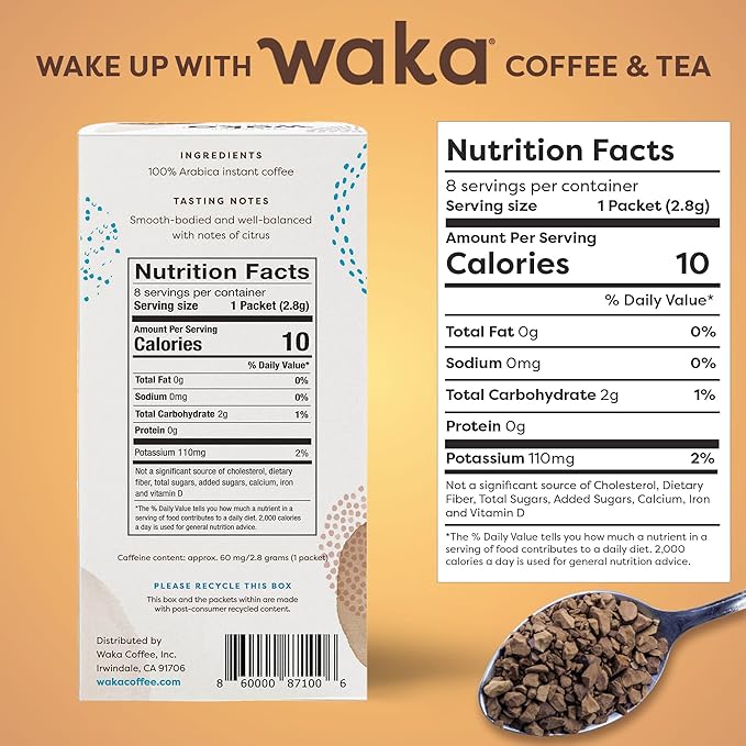 Waka Premium Instant Coffee Sachets — 100% Arabica Freeze Dried Beans — For Hot or Iced Coffee (8 Count, Medium Roast)