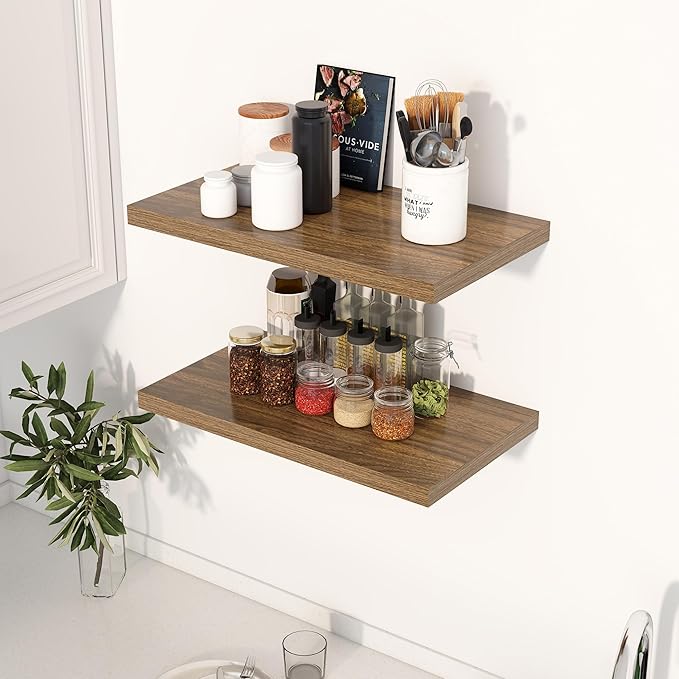 Dreamland 24" Floating Shelves for Wall, 12" Deep Slim Walnut Floating Shelves, Wall-Mounted Shelves for Bedroom, Living Room, Kitchen, Bathroom - Set of 2