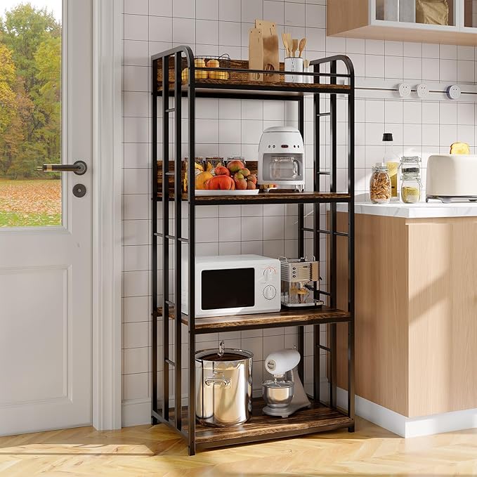 TrailBlaze 4-Tier Bakers Rack for Kitchen with Storage, Industrial Microwave Stand Shelf, Coffee Bar for Small Spaces, Free Standing Kitchen Storage Shelf Rack for Living Room