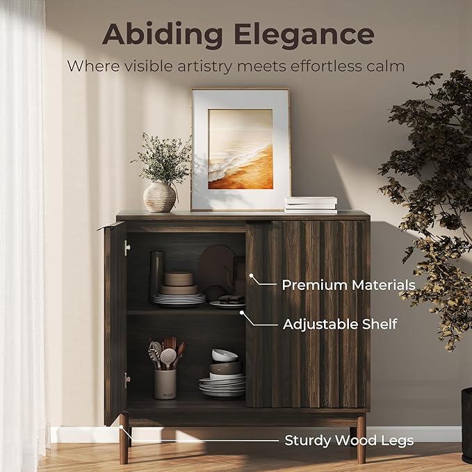 Fluted Cabinet with Storage, Buffet Cabinet Sideborad with 2 Doors, Brown Buffet Storage Accent Cabinets with Adjustable Shelves for Living Room, Entry, Hallway, Kitchen