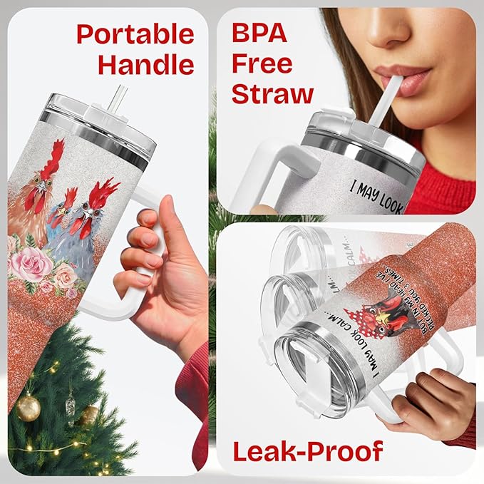 34HD Funny Chickens Tumbler with Lid & Straw, 40oz Vacuum Insulated Mama Hen Mug, Gifts for Chicken Lady Women Farmer, Chicken Lover Gifts for Birthday Christmas Mothers Day