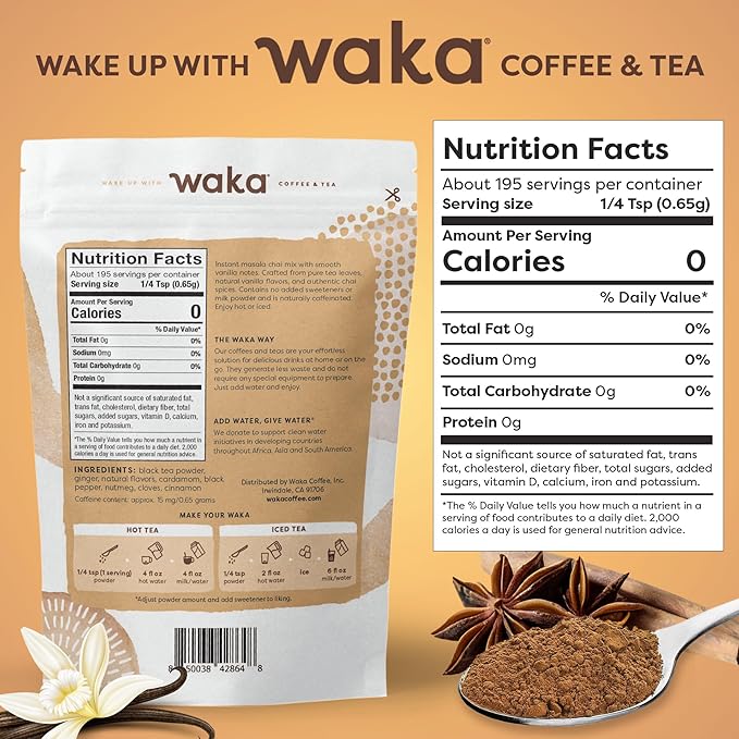 Waka Vanilla Chai Tea Powder Mix - 100% Tea Leaves from India, Natural Spices, Unsweetened Vegan Tea Powder - No Sugar, No Additives, Up to 195 Cups (4.5oz Pouch, 195 Servings)