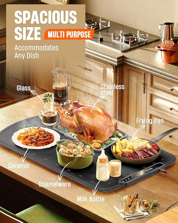 Warming Mat for Food, VEPOKA Food Warmer Mat for Countertop, Electric Warming Tray with 7 Temp Levels & Auto Shut-Off, Food Warmers for Parties, Ideal Gift for Kitchen & Buffet Use