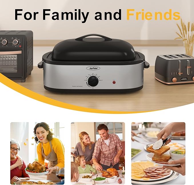 Sunvivi 14-Quart Roaster Oven with Self-Basting Lid, Electric Turkey Roaster Oven with Removable Pan and Rack, Stainless Steel, Silver