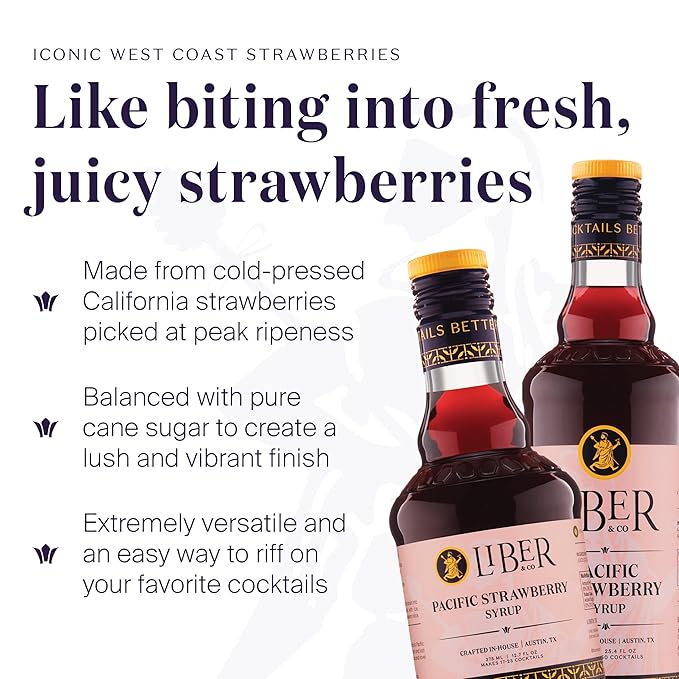 Liber & Co. Pacific Strawberry Syrup - Craft Cocktail Mixer with 60% Strawberry Juice - Perfect for Daiquiris, Margaritas & Mocktails - Makes 25 Drinks (12.7 oz)