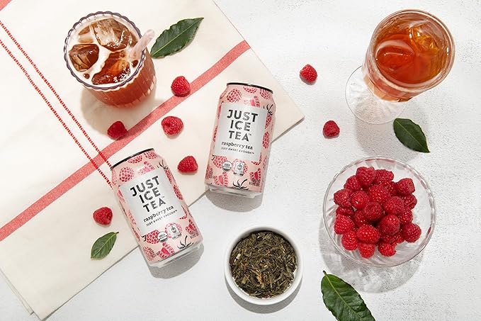 Just Ice Tea, Raspberry Flavored Black Iced Tea, 12-Pack (12oz Cans), USDA Certified Organic, Low Calorie, No Artificial Sweeteners, Fair Trade, Made in USA.